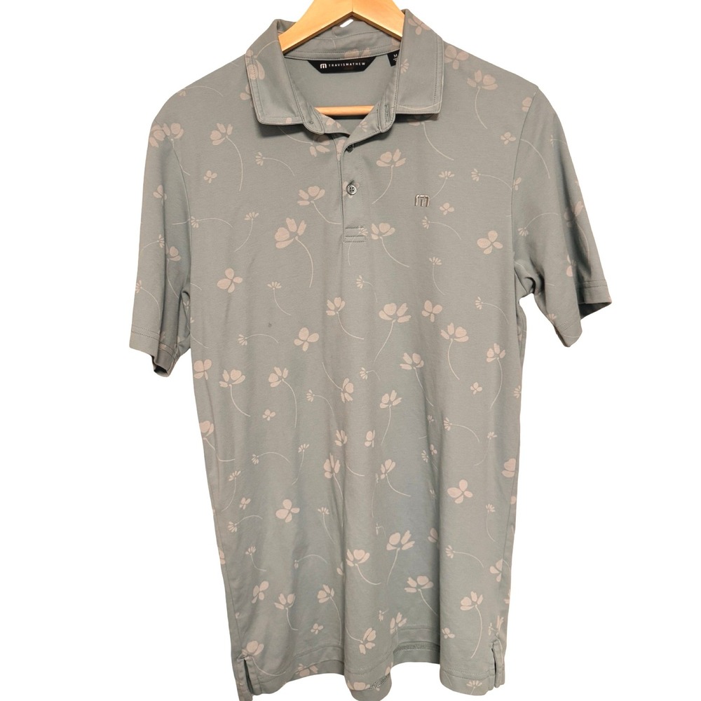 Travis Mathew Polo Shirt Mens Medium Blue Floral Golf Performance Sport Casual
